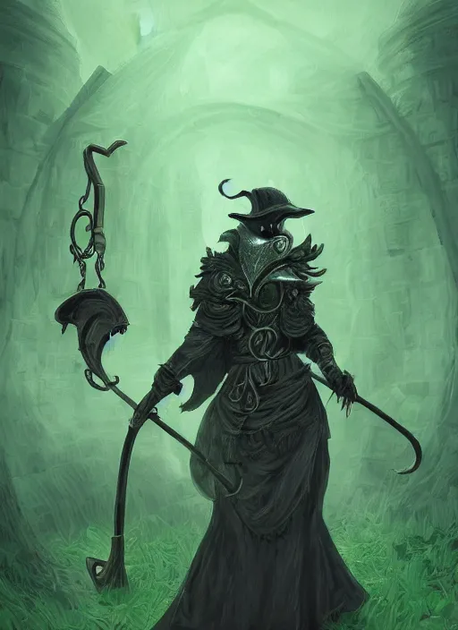 Image similar to a highly detailed illustration of plague doctor mask wearing woman, wielding scythe, surrounded by green mist background, intricate, elegant, highly detailed, centered, digital painting, artstation, concept art, smooth, sharp focus, league of legends concept art, WLOP