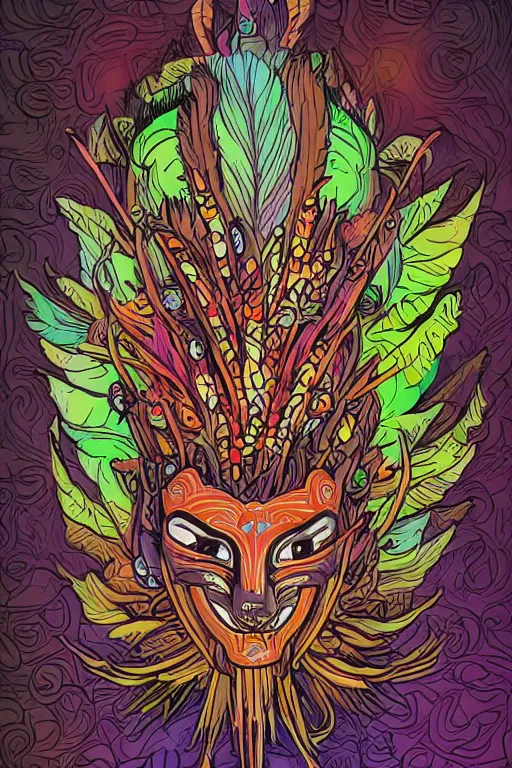 Image similar to animal mask totem roots flower tribal feather gemstone plant wood rock shaman vodoo video game vector cutout illustration vivid multicolor borderlands comics by josan gonzales and dan mumford radiating a glowing aura