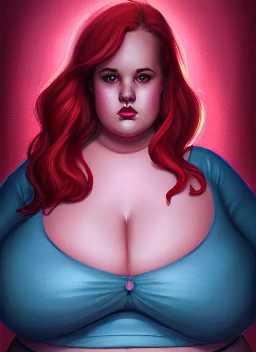 Image similar to full body portrait of teenage cheryl blossom, obese, bangs, sultry, realistic, red hair, sultry smirk, wavy hair, pink skirt, fat, belly, intricate, elegant, glowing lights, highly detailed, digital painting, artstation, concept art, smooth, sharp focus, illustration, art by wlop, mars ravelo and greg rutkowski