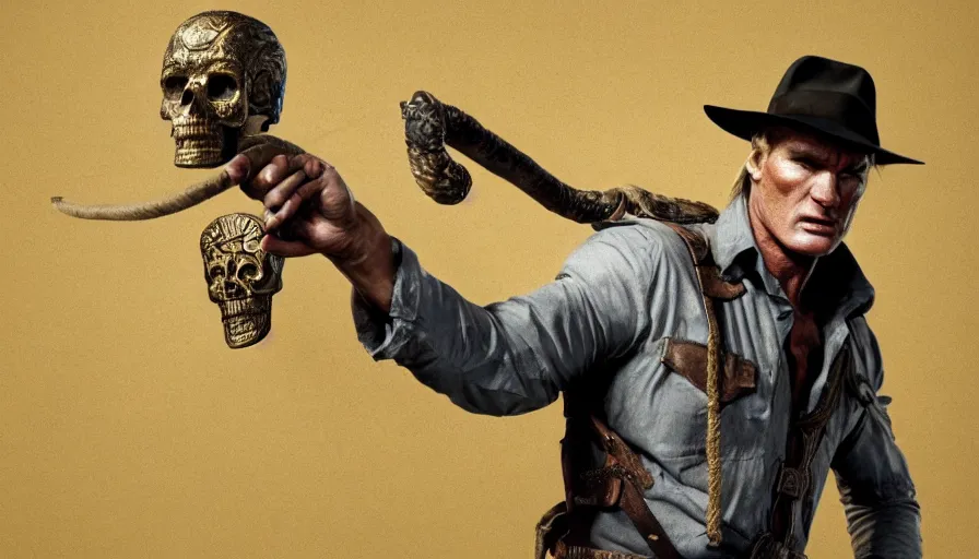 Image similar to dolph lundgren as indiana jones holding a whip in left hand and holding a golden mayan skull in the right hand, grey background, hyperdetailed, artstation, cgsociety, 8 k