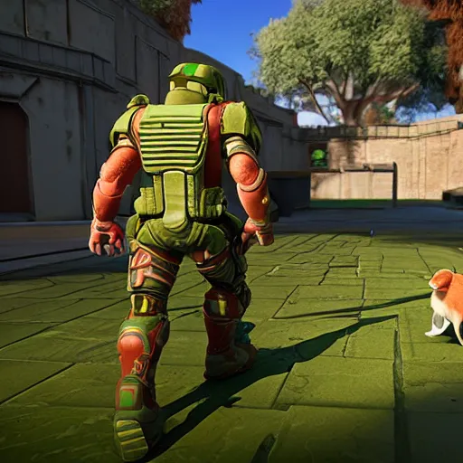 Prompt: medium shot, doomguy walking his pet rabbit, unreal engine 5