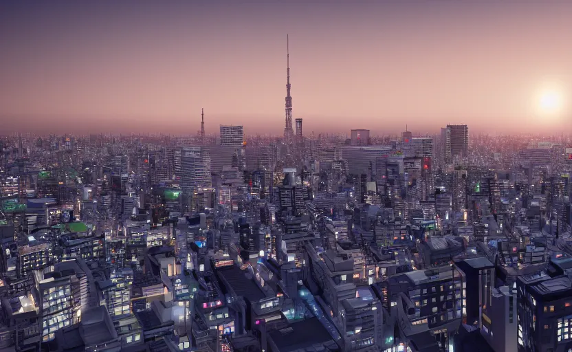 Image similar to unreal engine render of tokyo city from a rooftop view, sunset lighting, hyper realism, realistic shading, cinematic composition, blender render, octane render, hdr, detailed textures, photorealistic, ultrawide shot, 1 6 mm lens