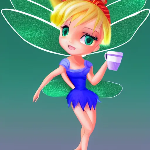 Image similar to digital painting of chibi Tinkerbell in short green dress bare feet in coffee cup 4k detailed