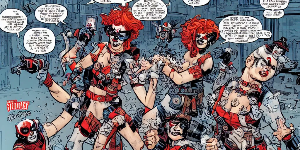 Image similar to Keystone cops fighting Harley Quinn. Epic painting by James Gurney and Laurie Greasley.