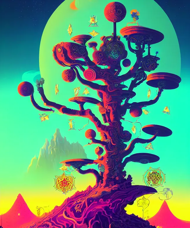 Prompt: fractal tarot card of a taoist naturepunk retrofuture nexus of technology and trees and mountains, beautiful detailed realistic cinematic character concept fashion portrait, hi - fructose art magazine, by anton fadeev and paul lehr and david heskin and josan gonzalez, 8 k