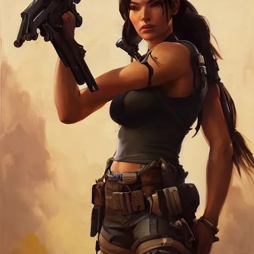 Image similar to greg manchess portrait painting of fully armored lara croft as overwatch character, medium shot, asymmetrical, profile picture, organic painting, sunny day, matte painting, bold shapes, hard edges, street art, trending on artstation, by huang guangjian and gil elvgren and sachin teng