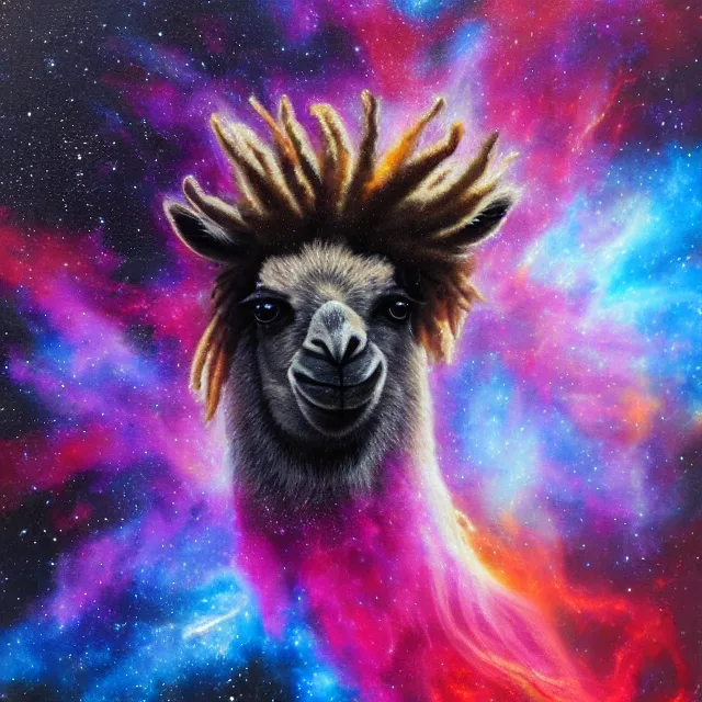 Image similar to llama with dreadlocks, depicted as an explosion of a nebula, 4 k, hyperrealistic painting