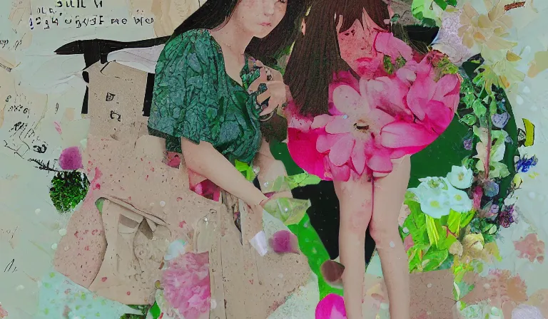 Prompt: ill bring u flowers in the pouring rain, shojo, collage, mixed media