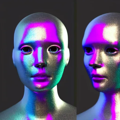 Image similar to 3d render of holographic human robotic head made of glossy iridescent, surrealistic 3d illustration of a human face non-binary, non binary model, 3d model human, cryengine, made of holographic texture, holographic material, holographic rainbow, concept of cyborg and artificial intelligence