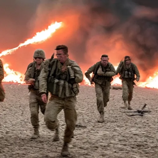 Prompt: american soldiers running at the camera during normandy beach landing with fiery explosions and debris all around them in the style of the movie lone survivor and saving private ryan, gritty, 4 k, cinematic lighting,