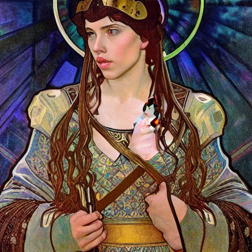 Prompt: realistic detailed face portrait of 16-year old Scarlett Johansson as Joan of Arc wearing iridescent armor by Alphonse Mucha, art nouveau