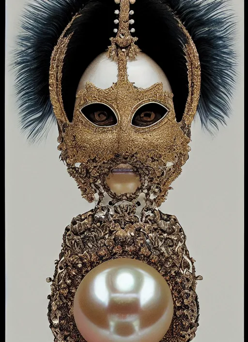 Image similar to hyperrealism, detailed textures, award winning autochrome photo, symetrical japanese pearl, beautiful animal pearl photo queen portrait, autochrome pearl portrait, pearls, black feathers, silverplate, intricate, detailed facial pearl scary animal mask, pearl, golden jewelery, silverplate, ultra realistic, cinematic, intricate, by steve mccurry, unreal engine 8 k