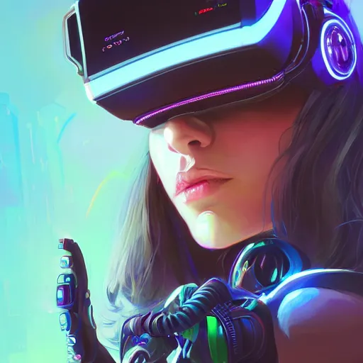 Image similar to portrait of a beautiful cybernetic raver girl wearing a oculus rift headset, cyberpunk concept art by pete mohrbacher and artgerm and wlop and deathburger and syd mead, digital art, highly detailed, intricate, sci-fi, neon colors, sharp focus, Trending on Artstation HQ, deviantart, unreal engine 5, 4K UHD image