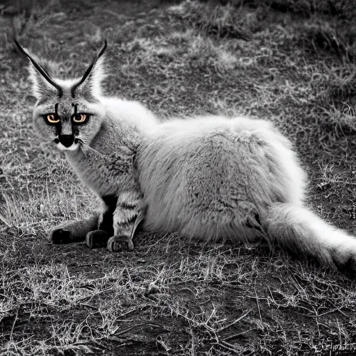 Prompt: cute fluffy caracal in ansel adams ghost town fujifilm 5 0 - 1 4 0 mm f 2. 8 long - exposure photographs that convey ominous and calm spooky