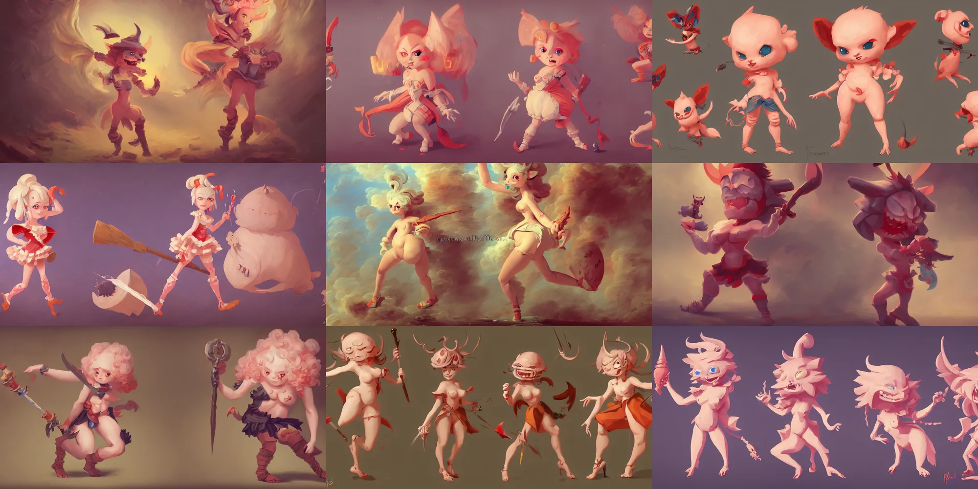 Prompt: game 2 d illustration painting of asset a cute evil character, full body, battle standing, cartoon, fantasy digital art by jean - honore fragonard, featured on artstation, stylized, 2 d sprites, 8 k, close up