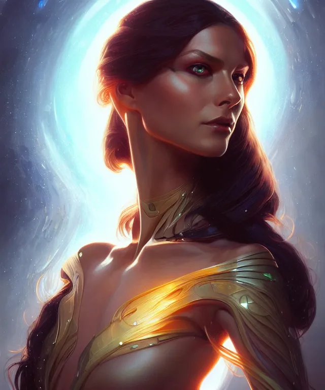 Image similar to futuristic woman portrait, sci-fi, amber eyes, face, long hair, fantasy, intricate, elegant, highly detailed, digital painting, artstation, concept art, smooth, sharp focus, illustration, art by artgerm and greg rutkowski and alphonse mucha