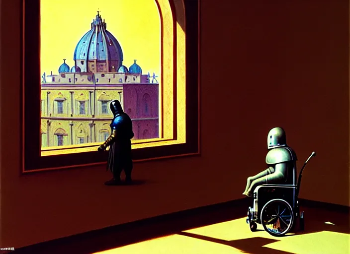 Prompt: knight in rich armor in a wheelchair do tricks & watch old tv, rome, highly detailed, soft lighting, elegant, by edward hopper and james gillard, zdislaw beksinski, stephen outram, andreas m wiese, carl spitzweg, syd mead, highly detailed, masterpiece, unreal 6, 8 k