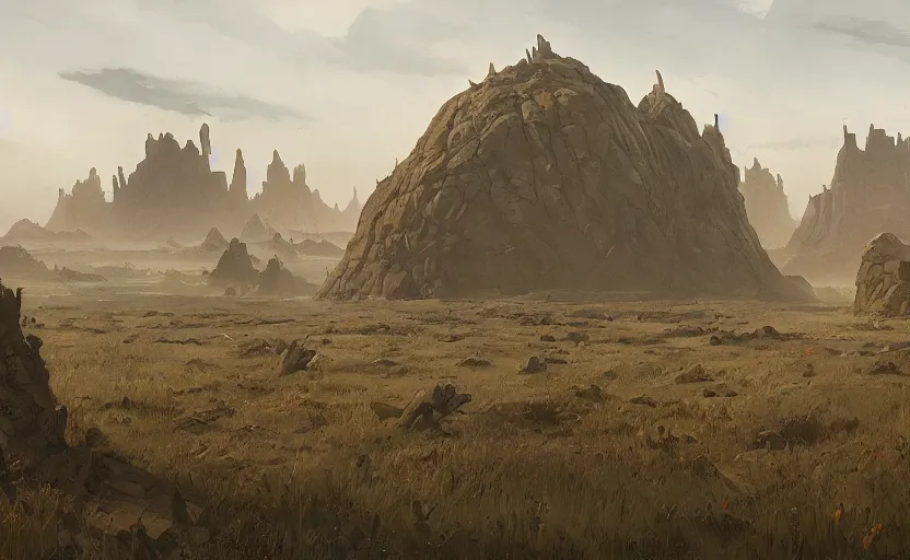 Image similar to flat wastelands, giant isolated rock spikes, greg rutkowski, brom, james gurney, mignola, craig mullins, alan lee