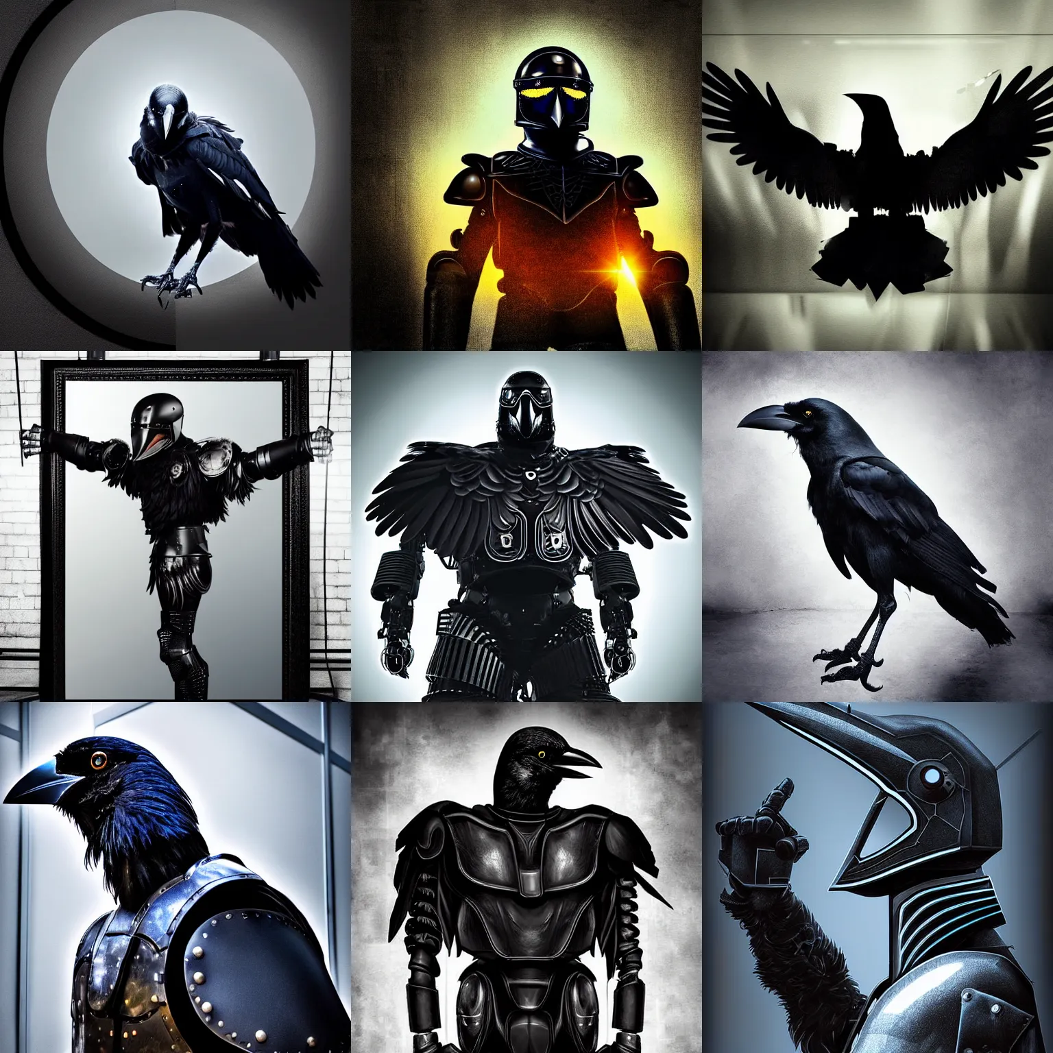 Prompt: crow in cyber armour, portrait, digital art, studio photography, realistic reflections, ominous lighting