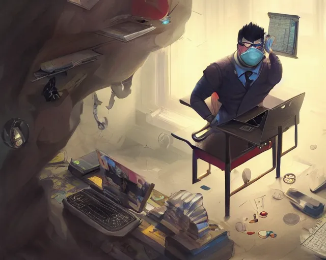 Image similar to an insanely detailed painting of a slightly chubby, nerdy asian man wearing a superhero costume and mask, sitting at a desk, staring at the nervously at the computer and typing, in the style of peter mohrbacher, dramatic lighting and composition, octane render, trending on artstation, concept art, comic book, view from behind