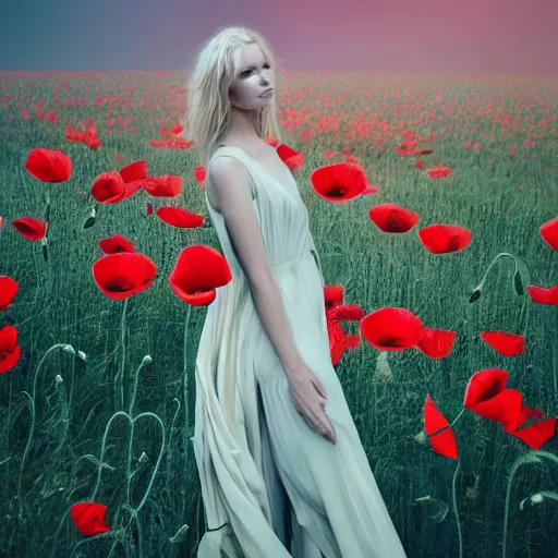 Image similar to a beautiful woman standing next to a field of poppies, dutch, blonde, tall, pretty, by tim walker, atmospheric, epic composition, trending on artstation, octane render