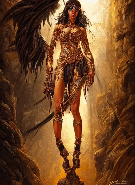 Image similar to a highly detailed symmetrical painting of a female amazon warrior with piercing beautiful eyes in dark tomb setting, dynamic lighting, ambient lighting, deviantart, art by artgerm and karol bak and mark brooks