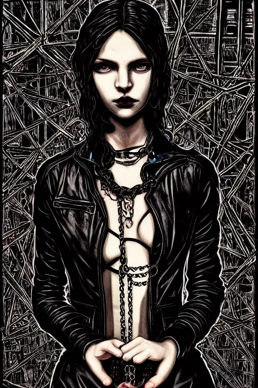 Image similar to dreamy gothic girl, black leather slim clothes, chains, factory tools, dark details, detailed acrylic, grunge, intricate complexity, by dan mumford and by alberto giacometti, peter lindbergh