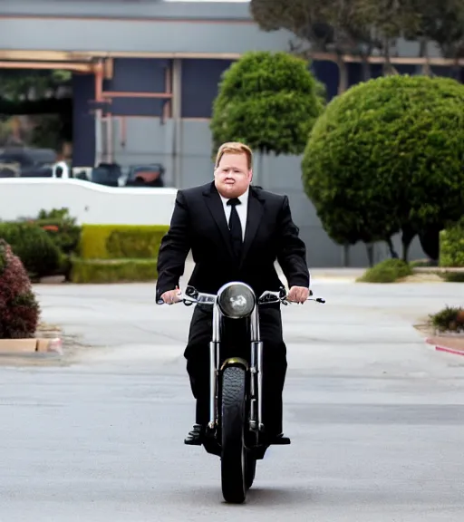 Image similar to Andy Richter is dressed in a black suit and a red necktie and riding a motorcycle into a television studio lot. There are Soundstages and movie caravans on the studio lot. It is a bright afternoon and overcast.