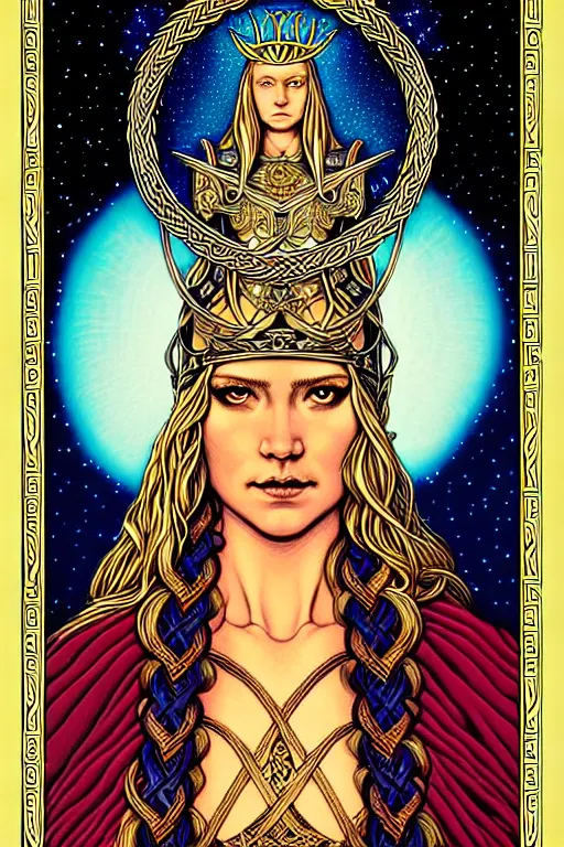 Prompt: beautiful and subtle fractal tarot card featuring an ornate, realistic, and regal image of a beautiful attractive viking queen with braided blonde hair and a helmet by Dan Mumford, by Jim Fitzpatrick, by joe wilson, featured on deviant art, trending on artstation