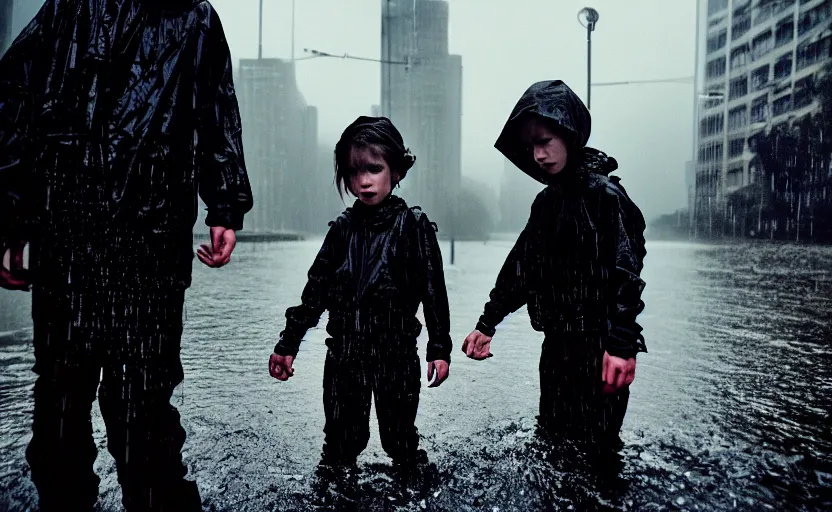 Prompt: cinestill 5 0 d candid photographic portrait by helen levitt of two child androids wearing rugged black mesh techwear in treacherous waters, extreme closeup, modern cyberpunk moody depressing cinematic, pouring rain, 8 k, hd, high resolution, 3 5 mm, f / 3 2, ultra realistic faces, ex machina