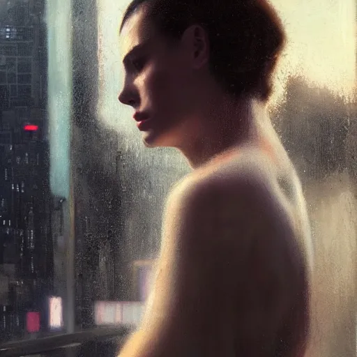 Image similar to detailed portrait of a woman, moment, cyberpunk cloisters, electronic billboards, tech noir, wet reflections, atmospheric, ambient, livia prima, greg rutkowski, edward hopper