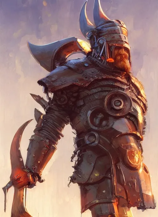 Prompt: cyberpunk, viking helmet, mask, warrior, muscular, robot, fantasy, artstation, by jesper ejsing, by rhads makoto