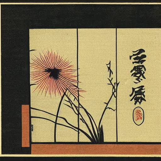 Prompt: japanese woodcut of a natural cycle of a plant from seed to bloom to decay