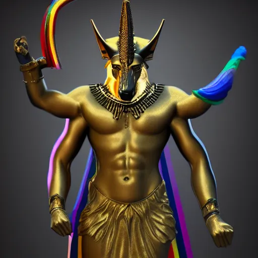 Image similar to masculine anubis on a pride parade, hyperrealistic, trending on Artstation