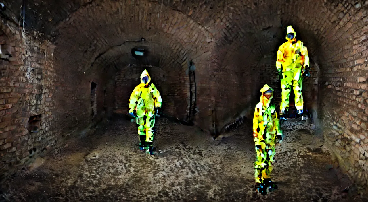 Image similar to a single man in hi viz hazmat suit wanders around a crumbling victorian london sewer, stunning render, high octane, 3 d, cinematic lighting