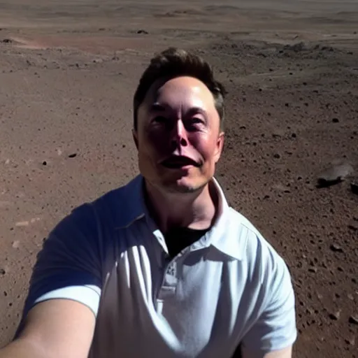 Prompt: Elon Musk taking a selfie with an Alien on Mars, Realistic, Lens Flare, High Detail, High Resolution, Grainy