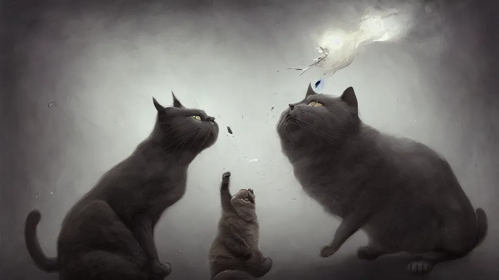 Prompt: a fat dark grey cat smacking a man in the face with their paw, in the style of peter mohrbacher by weta digital and beth cavener, masterpiece, award winning, high face symmetry, intricatein the style of peter mohrbacher by weta digital and beth cavener, masterpiece, award winning, high face symmetry, intricate