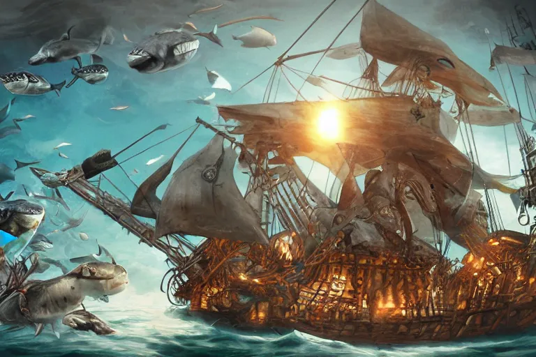 Image similar to elaborate pirate ship surrounded by sharks, low angle, digital painting, mixed media, trending on artstation and deviantart, epic composition, highly detailed, 8 k