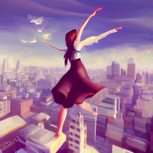 Prompt: spuergirl flying, cityscape, cloud day, artstation, 8 k