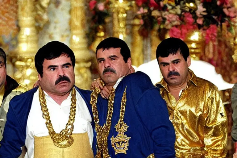 Prompt: el chapo is a genie standing in the middle of a grandiose mexican mansion. everything is made out of gold. the mansion is incredible and ornate. chapo has a clockwork chain. there are princesses and queens everywhere around him because they love him. wearing a genie costume. lovely scene of a genie being a pimp