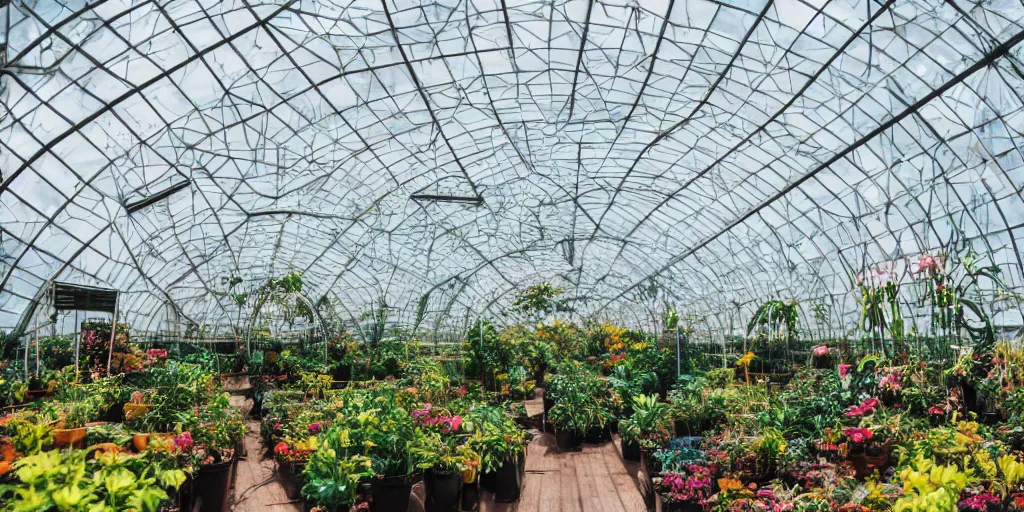 Image similar to geodesic dome greenhouse interior, bright colors, cinematic, cyberpunk, smooth, chrome, lofi, calming, dramatic, studio ghibli, high contrast, epic composition, hyper realistic, concept art, XF IQ4, 150MP, 50mm, F1.4, ISO 200, 1/160s, natural light, photolab