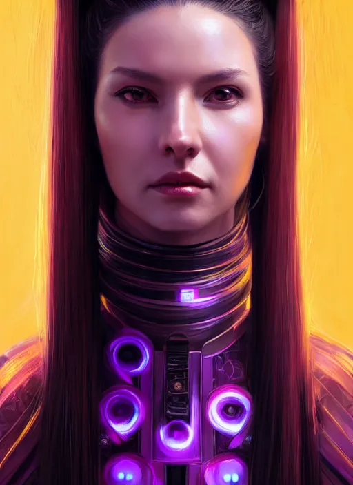 Image similar to portrait of a woman with long black hair in a ponytail, in sci - fi armor, platemail, close fitting, holding a katana made of purple energy, intricate, elegant, glowing lights, highly detailed, digital painting, artstation, concept art, smooth, sharp focus, illustration, art by wlop, mars ravelo and greg rutkowski