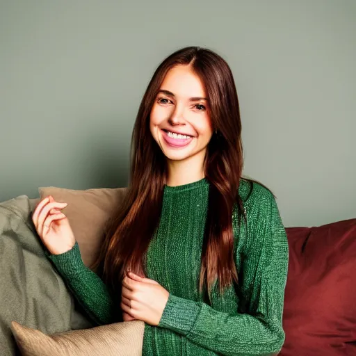 Image similar to a cute young woman smiling, long shiny bronze brown hair, full round face, green eyes, medium skin tone, light cute freckles, smiling softly, wearing casual clothing, relaxing on a modern couch, interior lighting, cozy living room background, medium shot, mid-shot, soft focus