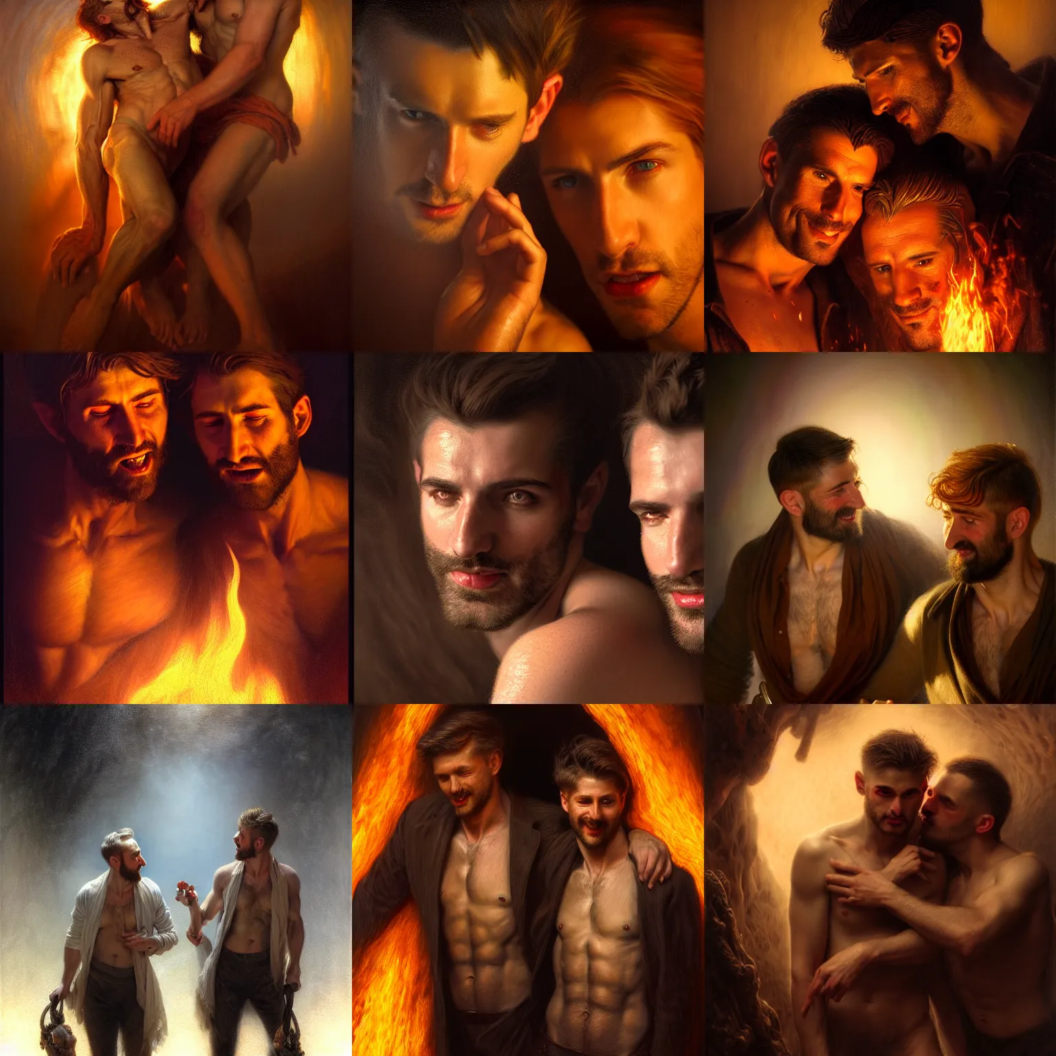 Prompt: hyperrealist portrait male couple in hell by alex heywood and gaston bussiere, albert lynch, fantasy, photorealistic, octane render, unreal engine, dynamic lighting, bet face, handsome man, beautiful, wlop, cute, perfect factions, perfect man, trending on artstation, poster, volumetric lighting, very detailed faces, 4 k, award winning