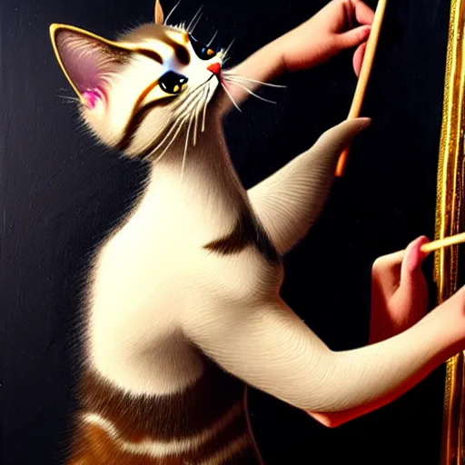 Prompt: a cat is painting with brushes, in a studio, painting the gordian knot black swan, in the technique of old masters, painting,