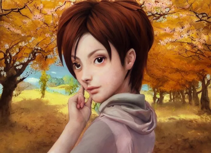 Prompt: Beautiful oil painting of Tracer in a Sakura Tree forest by Titian and Serafleur and TiNy Truc, portrait, Overwatch, symmetrical face, blush, freckles, intricate, face, hazel iris eyes, brown hair, wearing orange sundress, slim face, pointed chin, elegant, Lena Oxton, light orange mist, pink forest, highly detailed, dramatic lighting, sharp focus, hyper realistic, octane render, raytracing, trending on artstation, artstationHD, artstationHQ, unreal engine, 4k, 8k