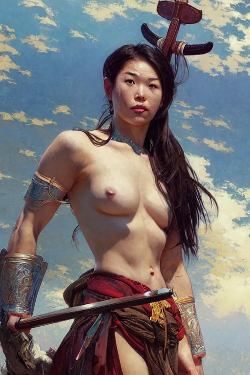 Prompt: full body portrait, thin muscular viking samurai woman, 6 pack ab, symmetrical beautiful face, relaxed pose. by stanley artgerm lau, greg rutkowski, thomas kindkade, alphonse mucha, loish, norman rockwell