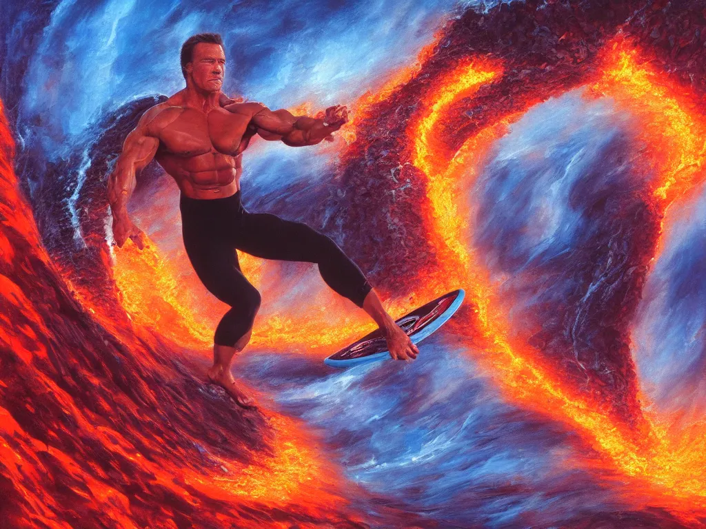 Image similar to detailed portrait of an arnold schwarzenegger surfing on lava wave by boris vallejo, stunning scene, 8 k, digital painting, hyperrealism, bright colors, trending on artstation