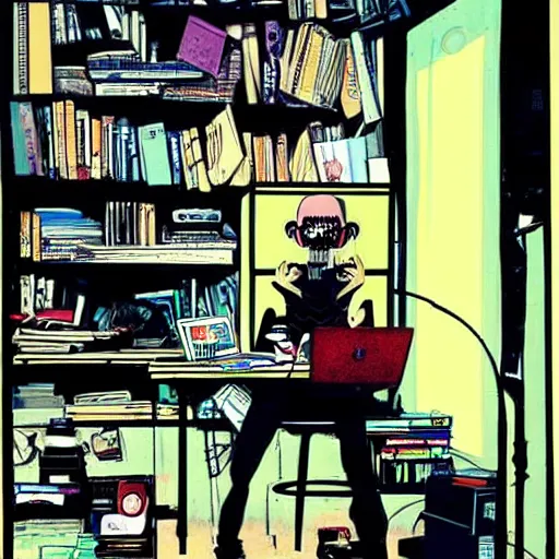 Prompt: goth nerd sitting at a computer in a cluttered room, by jamie hewlett, jamie hewlett art, gorillaz art aesthetic,