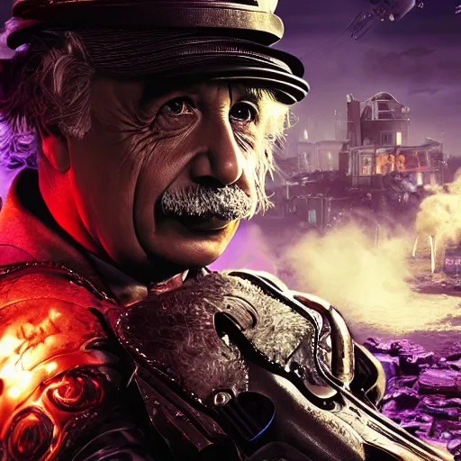 Image similar to albert einstein as willy wonka in gears of war, splash art, movie still, cinematic lighting, dramatic, octane render, long lens, shallow depth of field, bokeh, anamorphic lens flare, 8 k, hyper detailed, 3 5 mm film grain